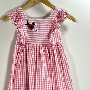 Laura Ashley London Kids Pink Gingham Stripe Ruffle Flower Patch Dress Size 5